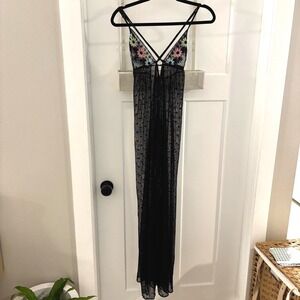 Savage X Fenty Black Floral Embroidered Dot Mesh Maxi Tie Front Robe Size Medium